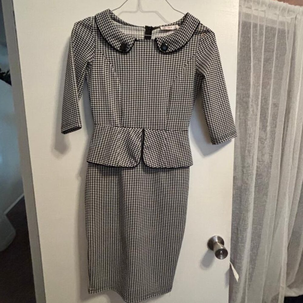 Pakula Bodycon Dress Houndstooth Peter Pan Collar Peplum Wiggle Piping Small